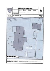 Reguleringsplan som viser eiendomsgranser, bygningers plassering og arealer for Furutoppveien 22.