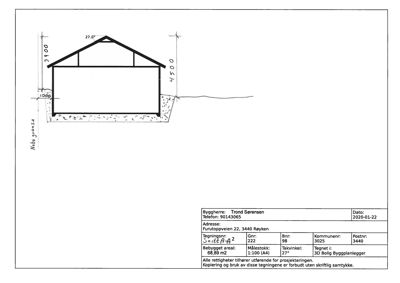 Snittegning som viser bygningens tverrsnitt med mål og grunnmur.