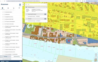Et digitalt kart over Drammen kommune som viser eiendomsgrenser, bygninger og infrastruktur.
