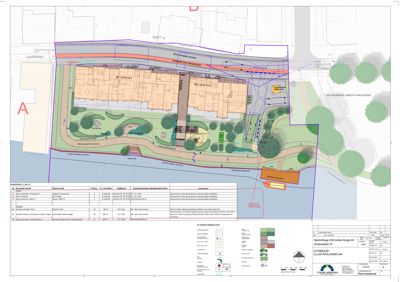 Illustrasjonsplan (rendering) som viser etasjeplan, fasade og landskap for et nytt bygg.