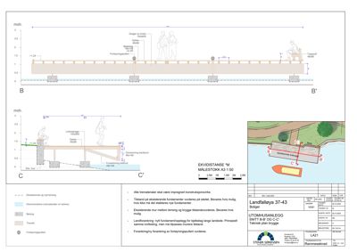 Tegning som viser et tverrsnitt (snitt) gjennom en bryggekonstruksjon, med mål og detaljer om fundament og nivåer.