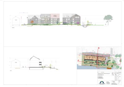 Bildet viser en fasadetegning (opprikk) av et flerboligprosjekt, samt tilhørende snitt og situasjonsplan.