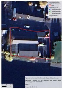 Satellittbilde (flyfoto) av eiendom med overlagte tegninger som viser areal, sjaktpunkter og tilstandsklasser for grunnvann.