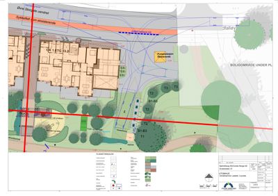 Situasjonsplan som viser tomtens beliggenhet, eksisterende og planlagt bebyggelse, vegnett, grøntarealer og utendørsanlegg.