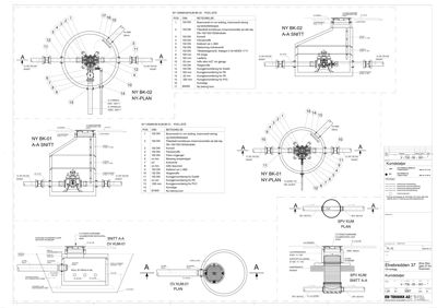 Tegninger som viser detaljerte planer og snitt av vannkummer (NY BK-01 og NY BK-02), inkludert komponenter og dimensjoner.