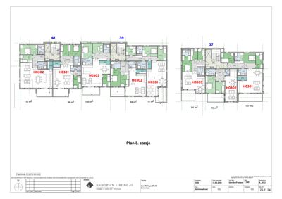 Etasjeplan (3. etasje) som viser romfordeling, arealer og enhetsnummer for leiligheter i en bygning.