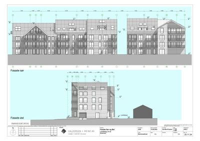 Tegning som viser fasader (Sør, Øst og Sør/Øst) for en bygning med detaljer om vinduer, takform og konstruksjon.