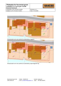 Situasjonsplaner som viser punkter for prøvetaking i toppjord og dypere liggende lag på eiendommen Landfalleveien 37, 41 og 43.