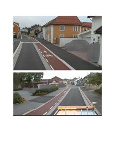 Fotografier av en eksisterende eller planlagt vei med sykkelbane og boliger i bakgrunnen.