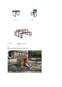 Fotografi av en lekeplass med et hus og rutsjebane, samt møbler (bord/stol) i bakgrunnen.