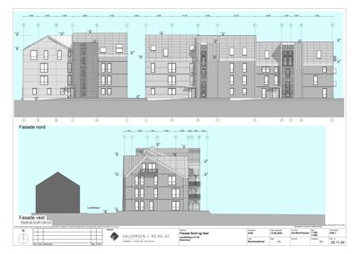 Fasadetegning som viser bygningens utseende fra nord og vest med detaljer om vinduer, takform og fasadematerialer.