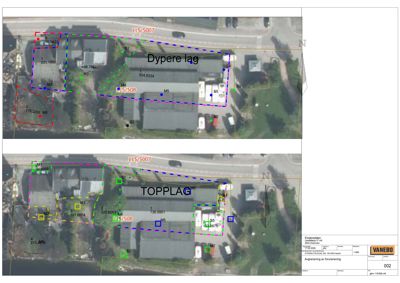 Situasjonsplan som viser tomtens areal (topplag og dypere lag) overlappet på et flyfoto, med angitte mål og punktmerking.