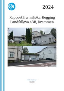 Dokumentdeksel for en rapport om miljøkartlegging, som inneholder tre foton av eiendommen Landfalløya 43B.