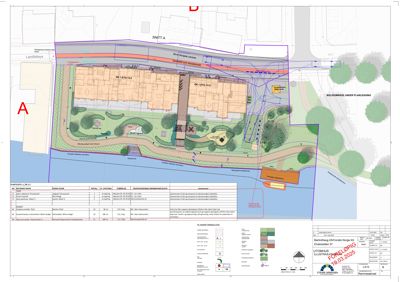 Situasjonsplan som viser tomtens beliggenhet, omgivende infrastruktur, beplantning og planlagt utforming av bygninger og anlegg.