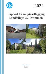Fotografisk dokumentasjon (fotomontasje) av eiendom ved Landfalløya 37, Drammen, inkludert bilde av bygninger og omgivelser.
