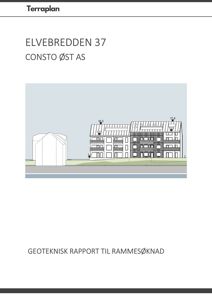Bildet viser en fasadetegning (opprikk) av en fleretasjes bygning ved Elvebredden 37. Tegningen illustrerer bygningens utseende, balkonger og høyder.
