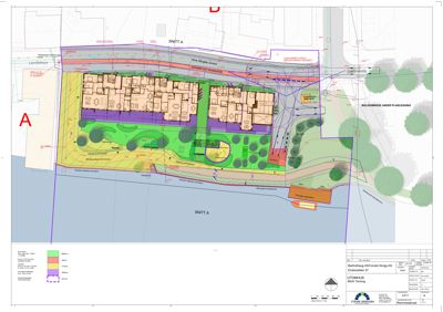 Situasjonsplan som viser tomtens beliggenhet, beplantning, veier, snittlinjer og bygningers plassering i forhold til omgivelsene.
