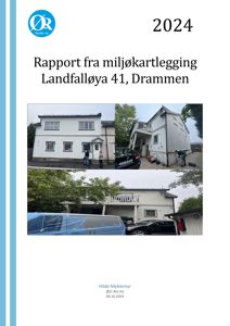 Fotografier av en bygning (Landfalløya 41) tatt under en miljøkartlegging, inkludert bilder av fasade og tak.