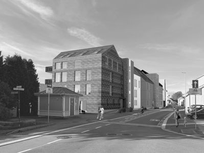 En svart-hvitt 3D-visualisering (rendering) som viser en planlagt bygning i et bymiljø med omgivende gater, veiskilt og trafikk.