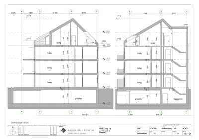 Snittegning (Snitt 2.1 og Snitt 2.2) som viser tverrsnittet av en boligbygning med detaljerte mål, etasjer og konstruksjoner.