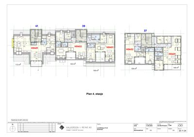 Etasjeplan (Plan 4) som viser romfordeling og arealer for leiligheter i et flerboligbygg.