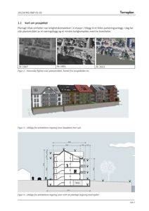 Bildet viser en snittegning (Figur 4) som illustrerer bygningens tverrsnitt, inkludert etasjer, trapper, bilhvel og høydemål.