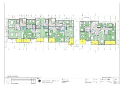 Etasjeplan (Plan 3. etasje) som viser romfordeling, arealer og veggkonstruksjoner for et flerboligbygg.