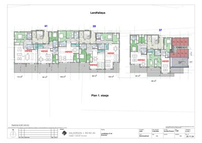 Etasjeplan (Plan 1. etasje) som viser romfordeling, arealer og enhetsnummer for flere leiligheter i bygningen Landfalleys 37-43.