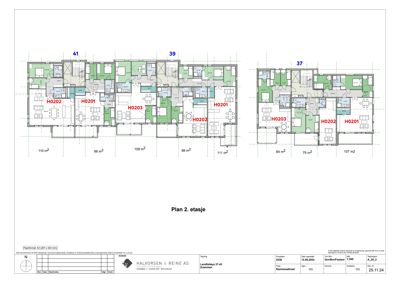 Etasjeplan (Plan 2. etasje) som viser romfordeling, arealer og enhetsnummer for flere leiligheter.