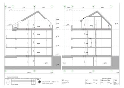 Snittegning (Snitt 4.1 og 4.2) som viser tverrsnittet av en bygning med flere etasjer, takform og romfordeling.