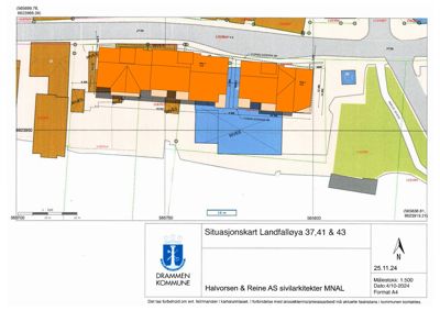 Situasjonskart som viser tomtens plassering i forhold til nabolag, veier og vannveier.