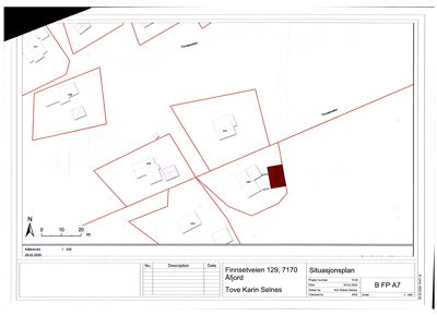 Situasjonsplan som viser tomtens grenser, nabobebyggelse og orientering.