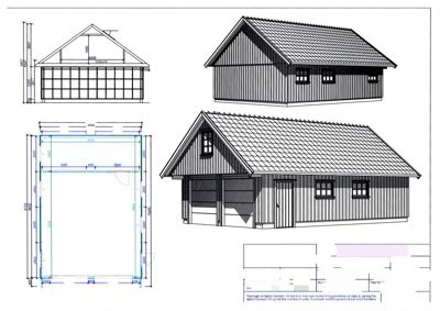 Fasadetegning som viser front- og sideutsikt av en bygning med mål og detaljer.