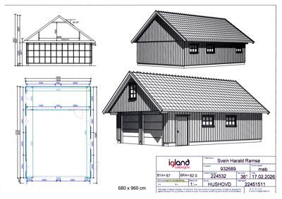 Fasadetegning som viser front- og sideutsikt av en bygning med mål og detaljer.