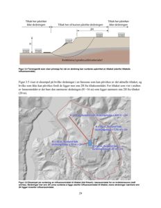 Kart med overlagte ruter og tekst som viser et eksempel på vurdering av influensområde for tiltak i løsnemåte.