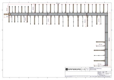 Detaljtegning av en kjøpmannskjer (trafikkbarriere) med dimensjoneringsdata for stolper og betongelementer.