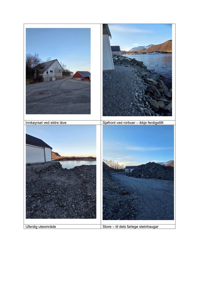 Fotografier av eiendom med tekster under som beskriver tilstand (f.eks. 'Innkjørsvei ved eldre låve', 'Sjøfront ved rorbuer – ikke ferdigstilt', 'Uferdig uteområde', 'Store – til dels farlege steinhaugar').