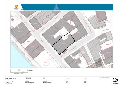 Situasjonsplan som viser bygningers plassering, tomtegrenser og gater i området Ryen Storgt. 10 AS.