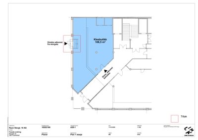 Etasjeplan (Plan 1 etasje) som viser romfordeling, adkomstveier og areal for en klesbutikk.