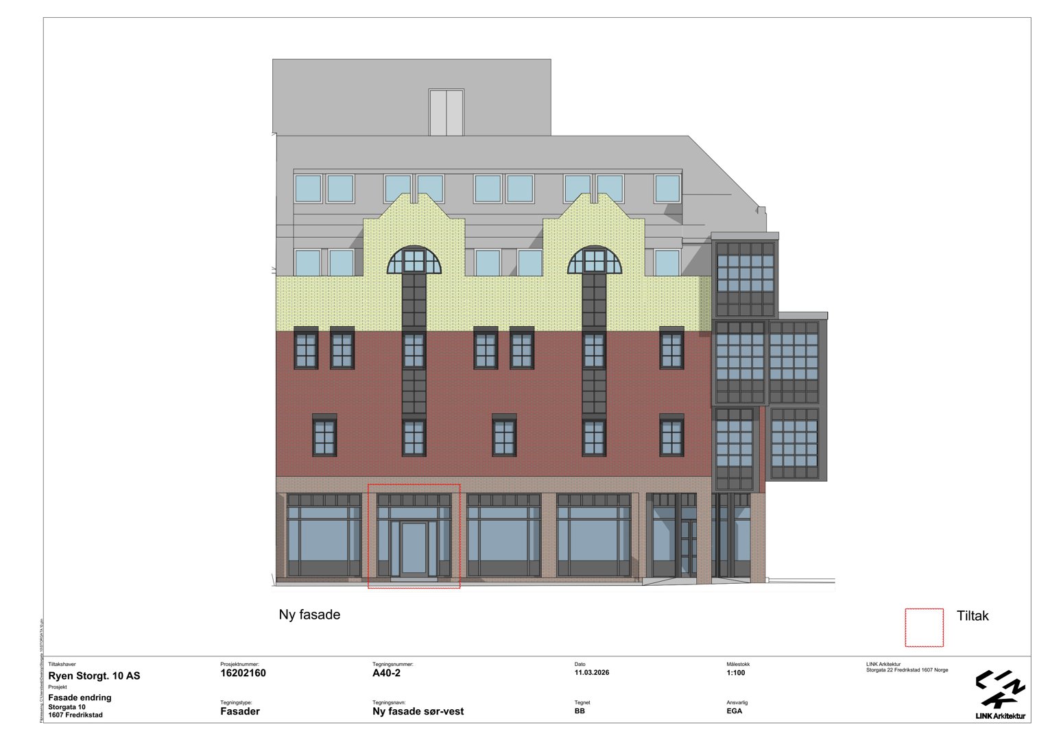 Fasadetegning som viser ny fasade for Ryen Storgt. 10 AS, med fargelegging og detaljer for vinduer og inngang.