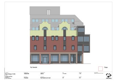 Fasadetegning som viser ny fasade for Ryen Storgt. 10 AS, med fargelegging og detaljer for vinduer og inngang.