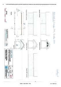 Fasadetegning som viser oppriss av bygningens sider (Nord, Sør, Vest, Øst) samt detaljer for tak og dører.