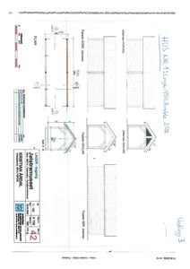 Fasadetegning som viser oppriss av bygningens sider (Nord, Gavlar, Sør) og en planutsnitt.