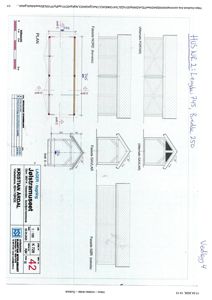 Fasadetegning som viser utsiden av en bygning (eller hytte) fra flere vinkler, inkludert etasjeplan og snitt.