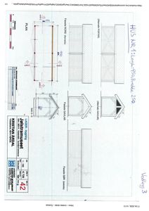 Tegning som viser fasadeoppsett for en bygning (Nord, Sør, Gavl) med alternativer for takform.