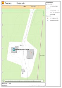 Situasjonsplan (kartutsnitt) som viser eiendomsgranser, topografi og bygningsplassering for Hamarvegen 386 i Elverum.