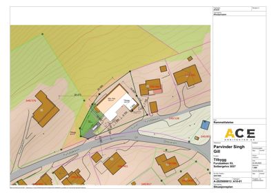 Situasjonsplan som viser bygningens plassering i forhold til nabolaget, terrengforhold og vei.