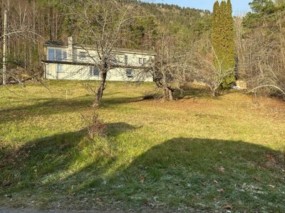 Fotografi av en bolig sett fra utsiden, med tilhørende hage og skog i bakgrunnen.