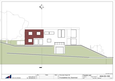 Fasadetegning av en bolig sett fra vest, med visuell fremstilling av fasadematerialer og takform.