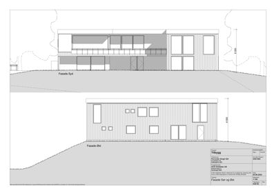 Fasadetegning som viser bygningens utseende sett fra syd og øst.